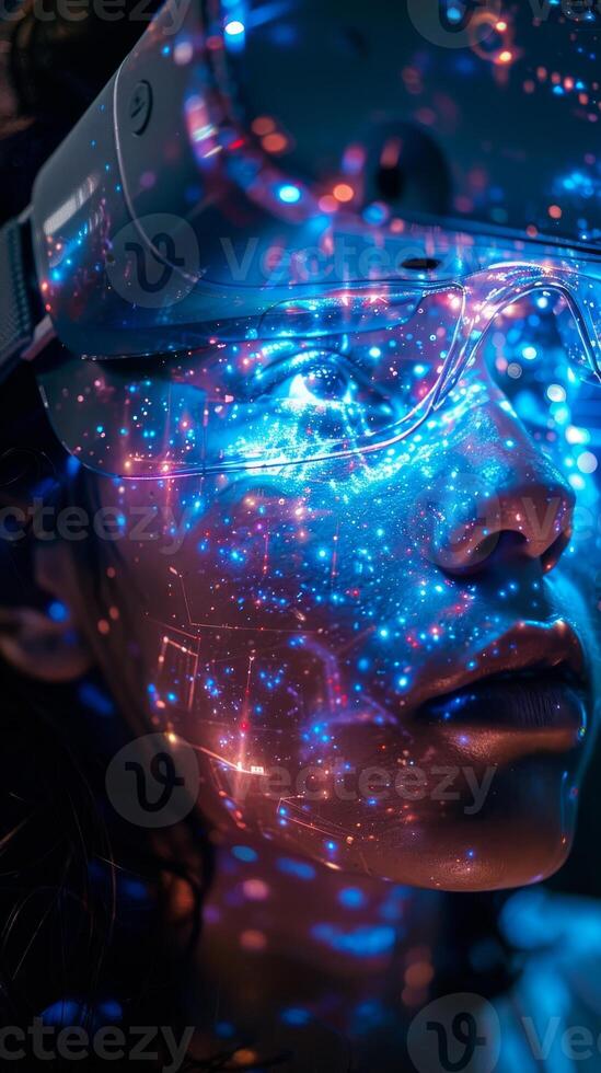 Person with VR headset and galaxy projection on face photo