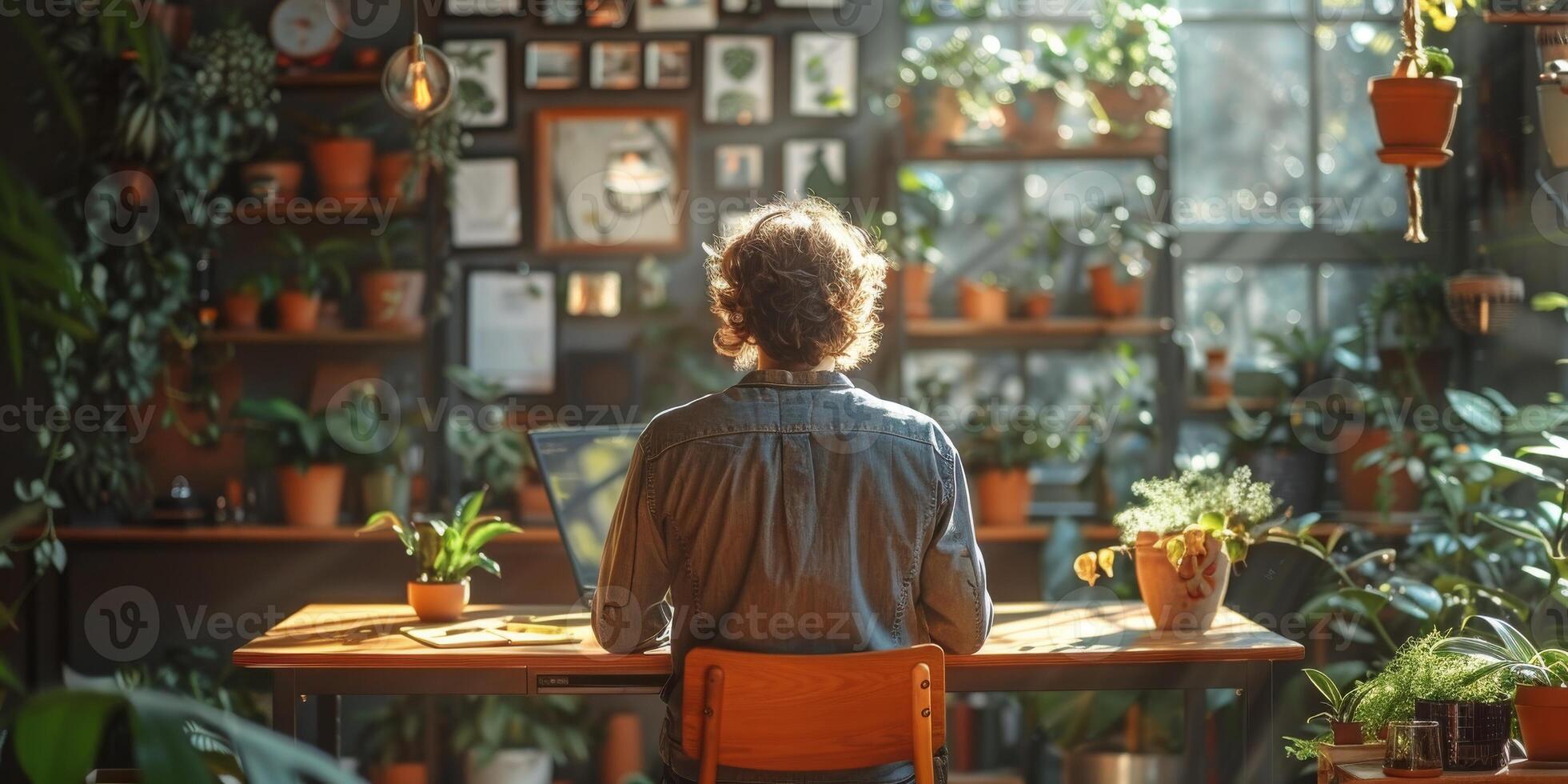 A man sits at a desk with a laptop, surrounded by potted plants photo