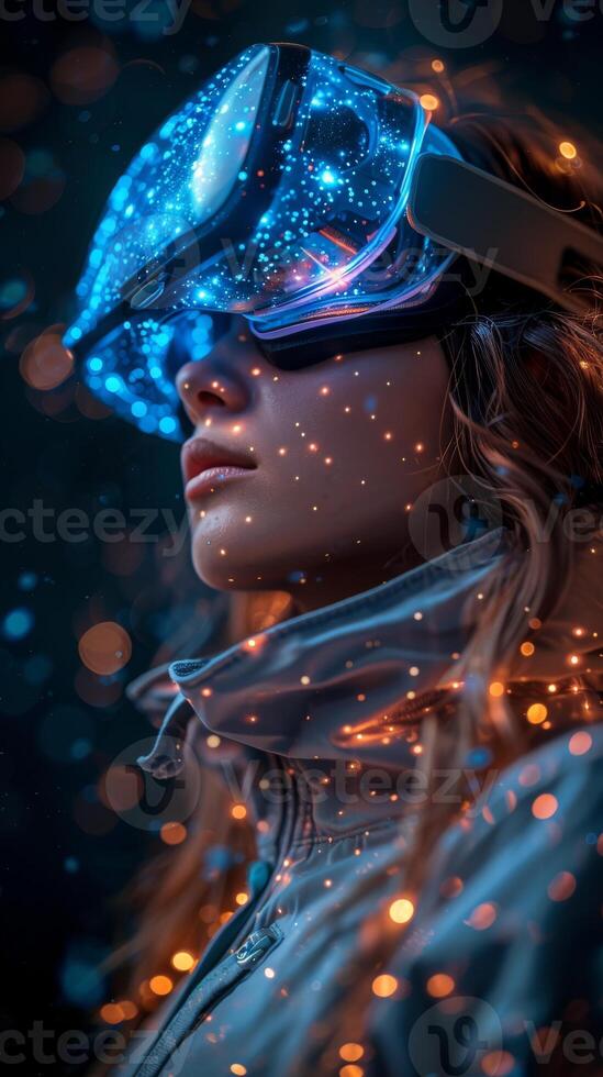 Woman in VR headset surrounded by sparks and light in dark futuristic setting photo
