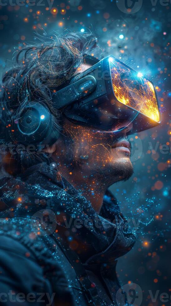 A man wearing a VR headset and headphones explores a digital world in the image photo