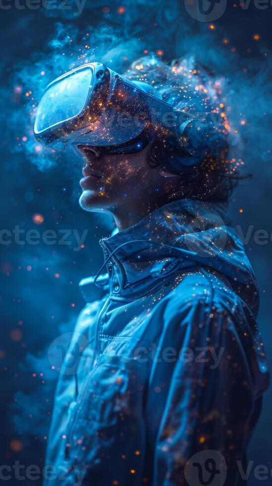 In a dimly lit room, a man enjoys virtual reality, lost in a digital wonderland photo