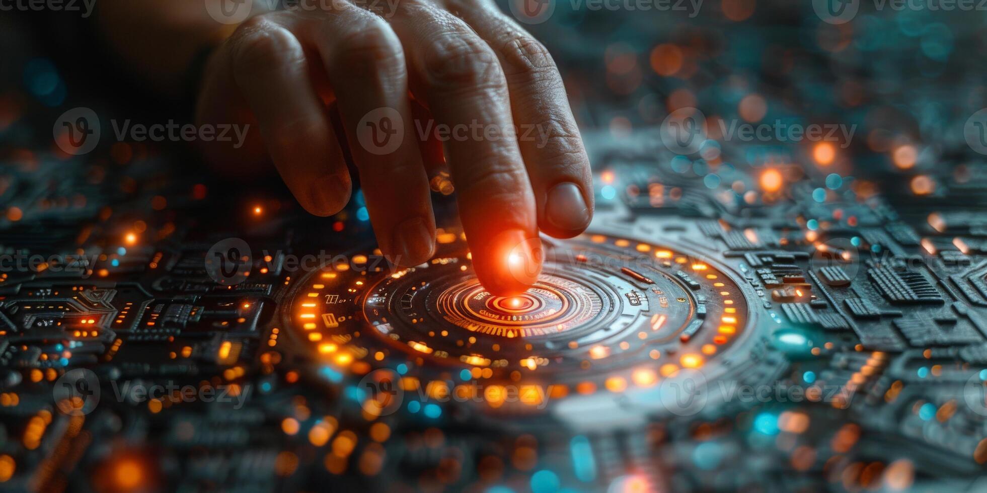 Close up of a persons hand pressing a button on a circuit board photo