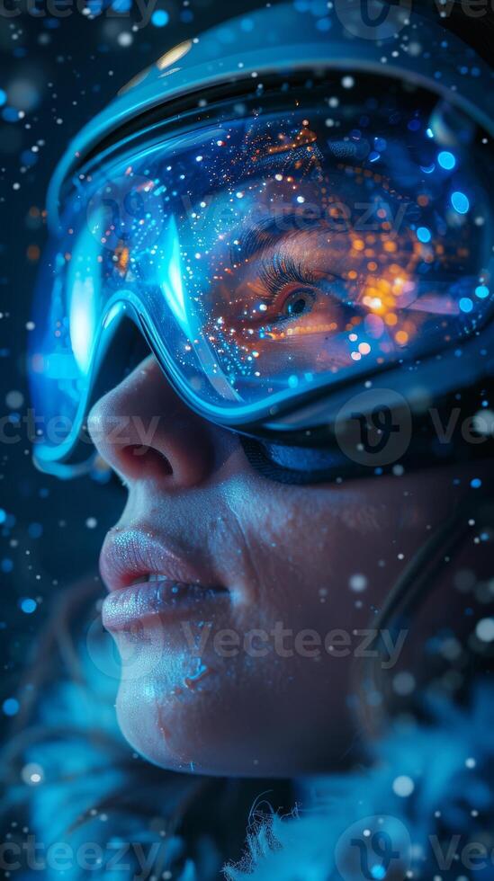 There is an individual wearing goggles in a snowy location photo