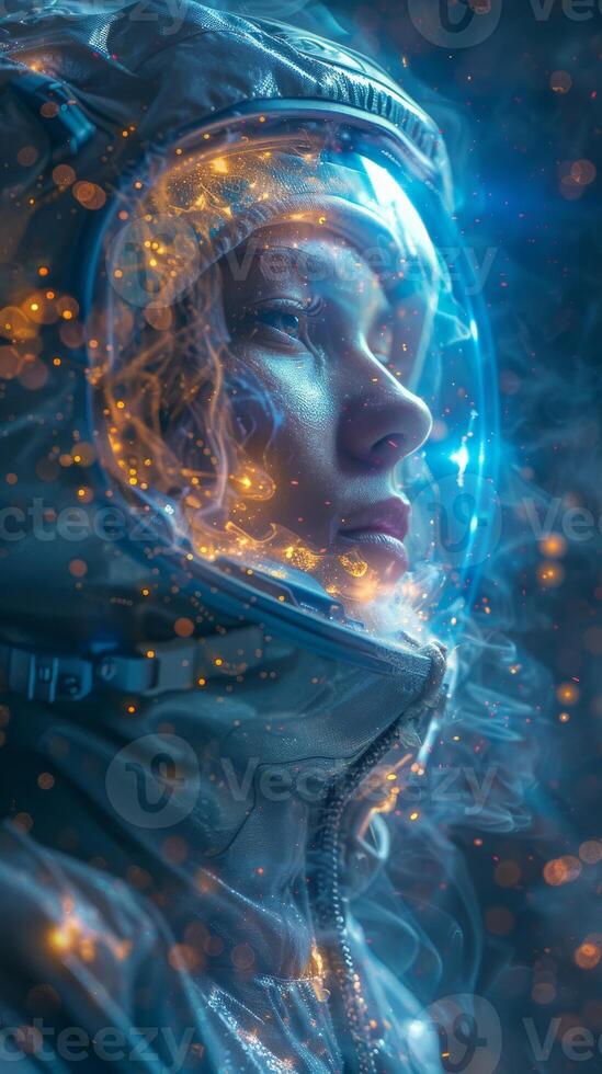 Woman in space suit engulfed in smoke, surrounded by lights photo