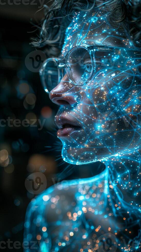 Close up of a face with blue lights emitting from it photo
