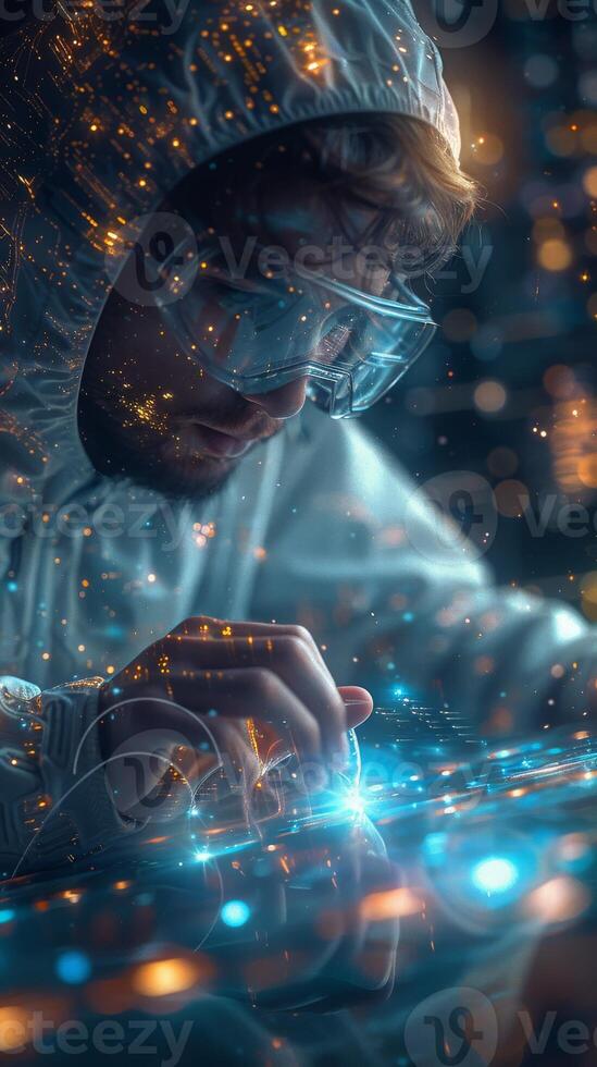 A man in a protective suit and goggles is focused on using a computer photo