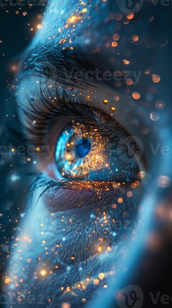 Detailed view of a womans eye with shimmering glitter photo