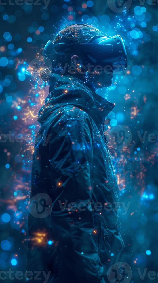 Experience a futuristic VR gaming night with immersive virtual reality and dazzling lights photo