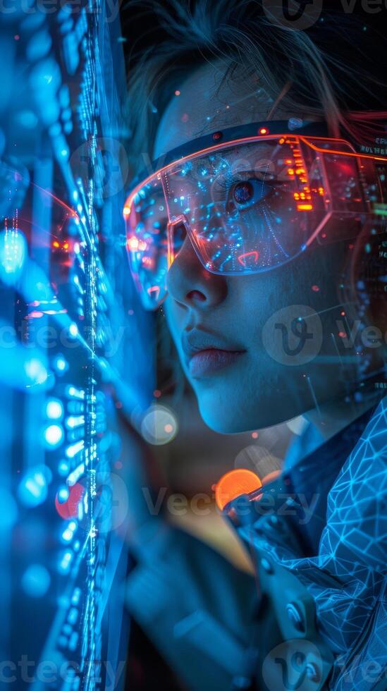 A woman is seen wearing AR glasses as she interacts with a holographic interface photo