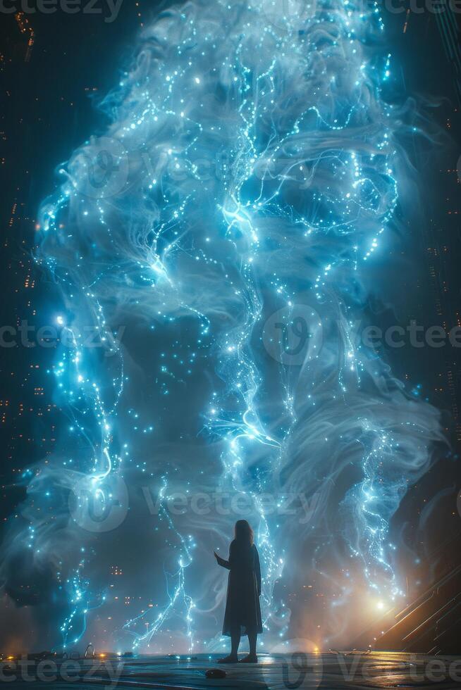 A woman stands before an illuminated skull floating in the sky photo