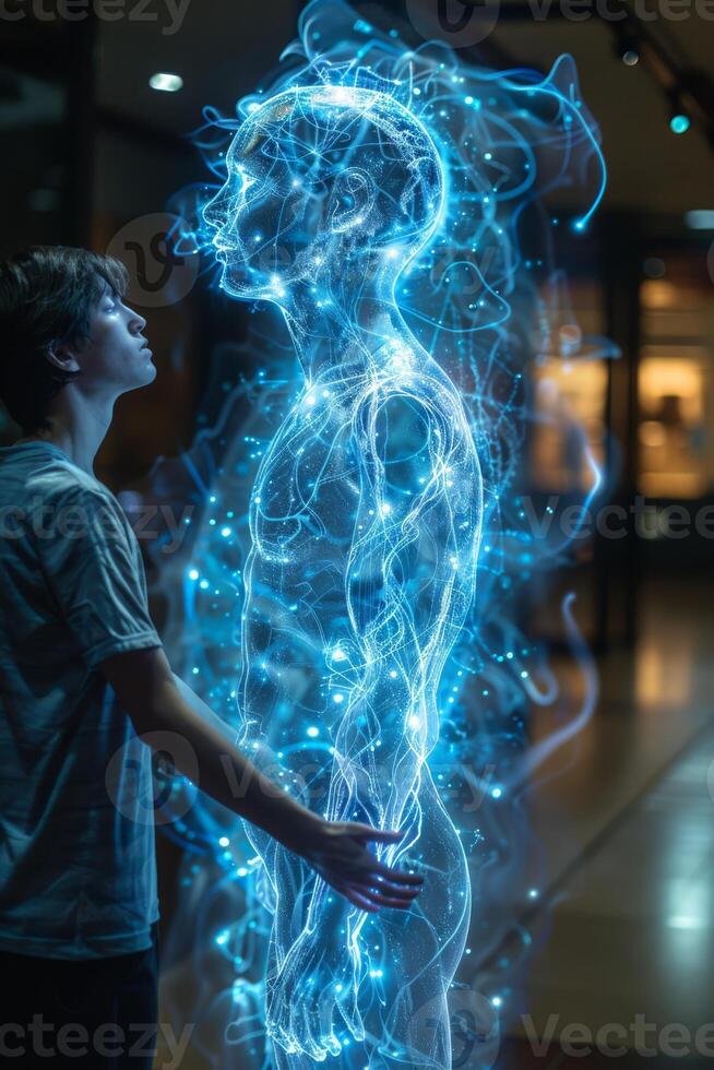 A man is standing in front of a glowing depiction of a person photo