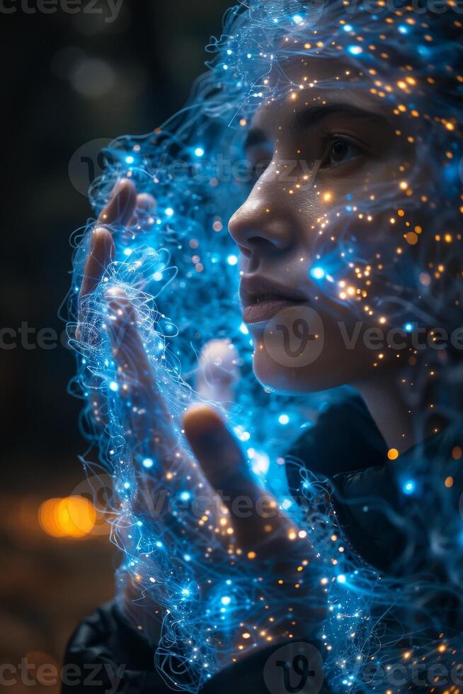 The womans face is illuminated by blue lights, creating a mesmerizing effect photo