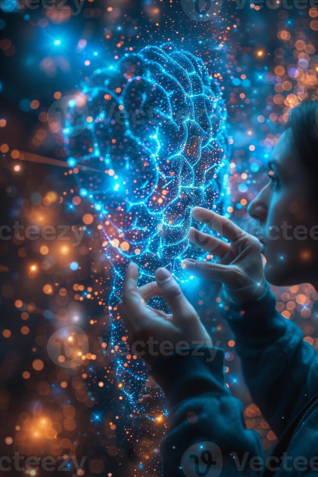 A person is holding a lighted brain in their hands with a sky background photo