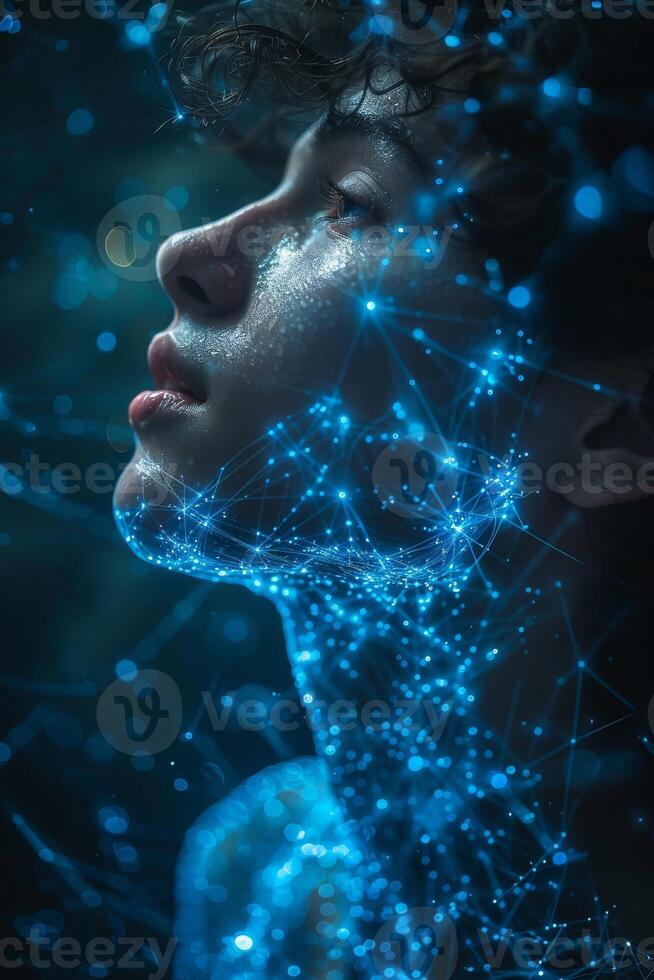 Illustration of a futuristic individual overlaid with a glowing digital network concept photo