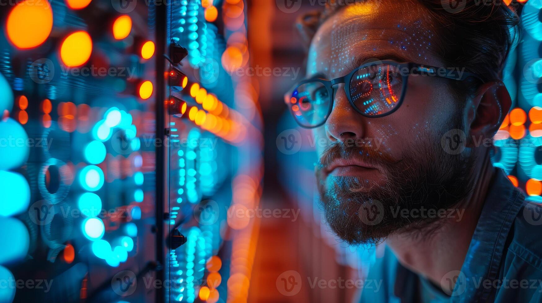 Man with glasses looks at computer screen in server room photo
