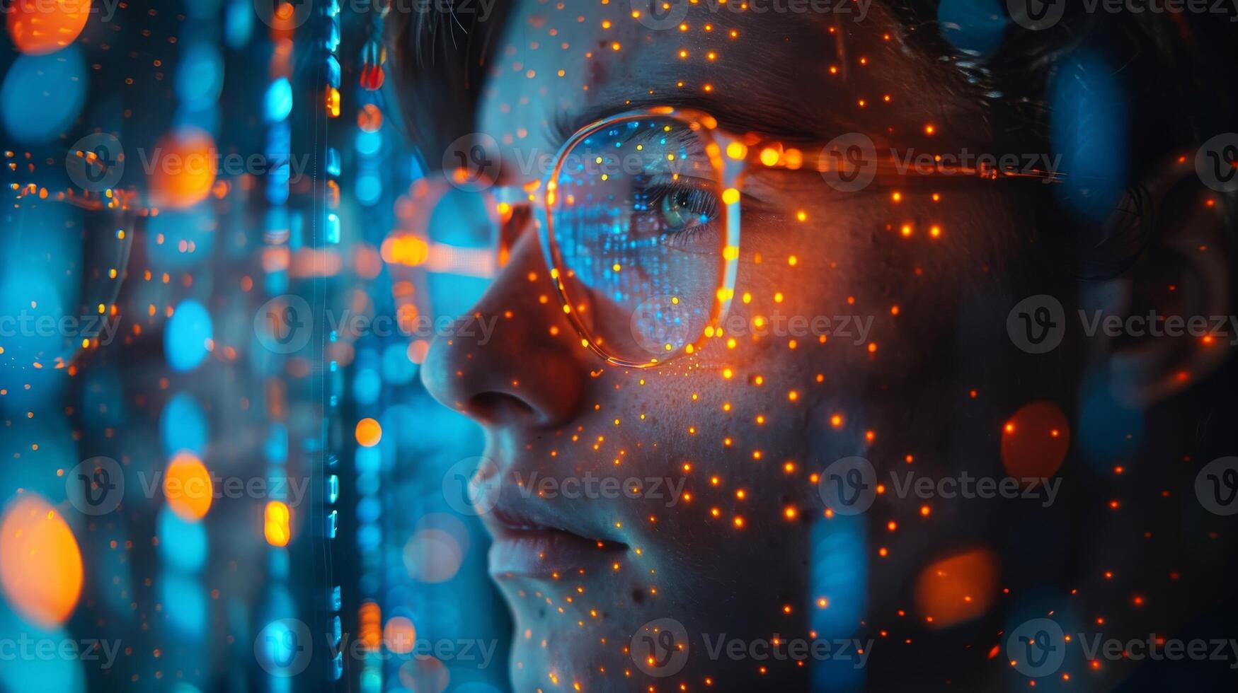 A man with eyewear is sitting in front of a computer screen, wearing glasses photo