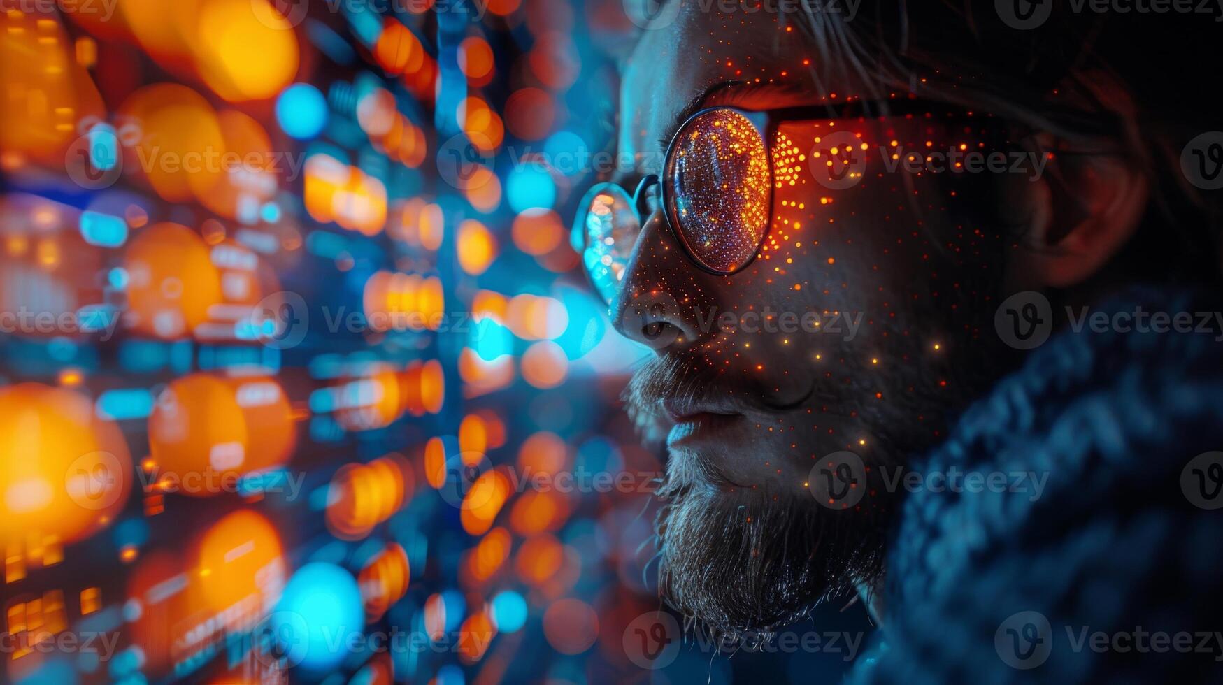 A man with glasses is examining a computer screen photo