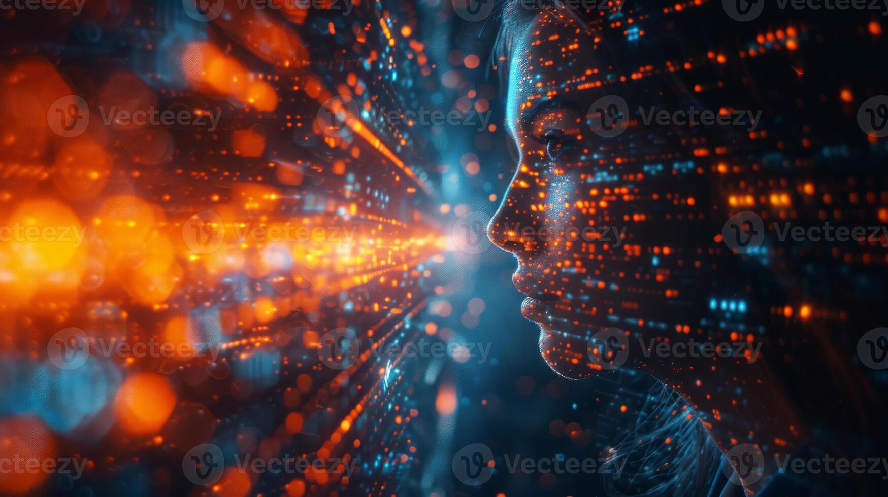 Computer generated womans face surrounded by glowing particles photo