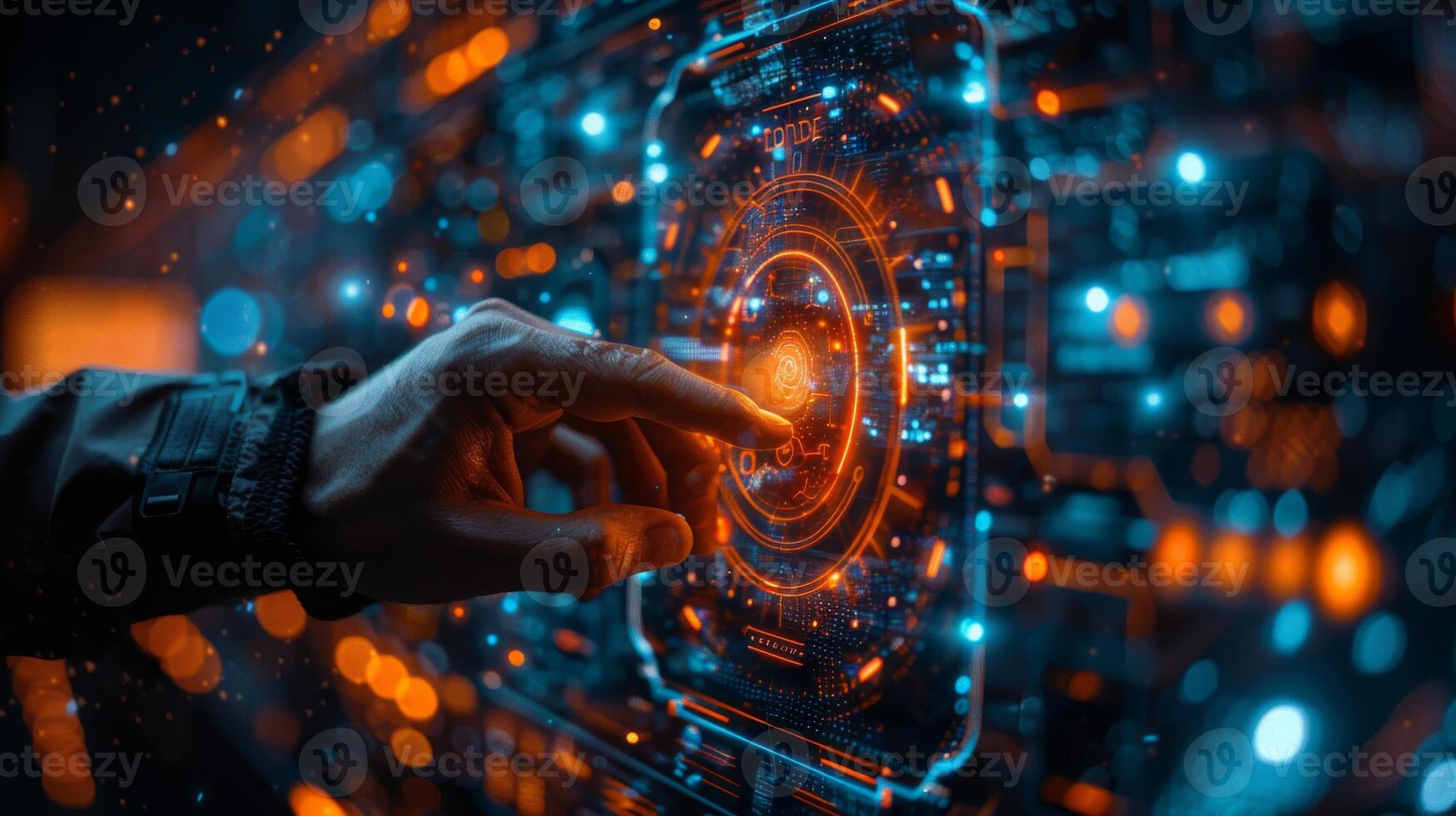 A person is interacting with a futuristic screen using their finger photo