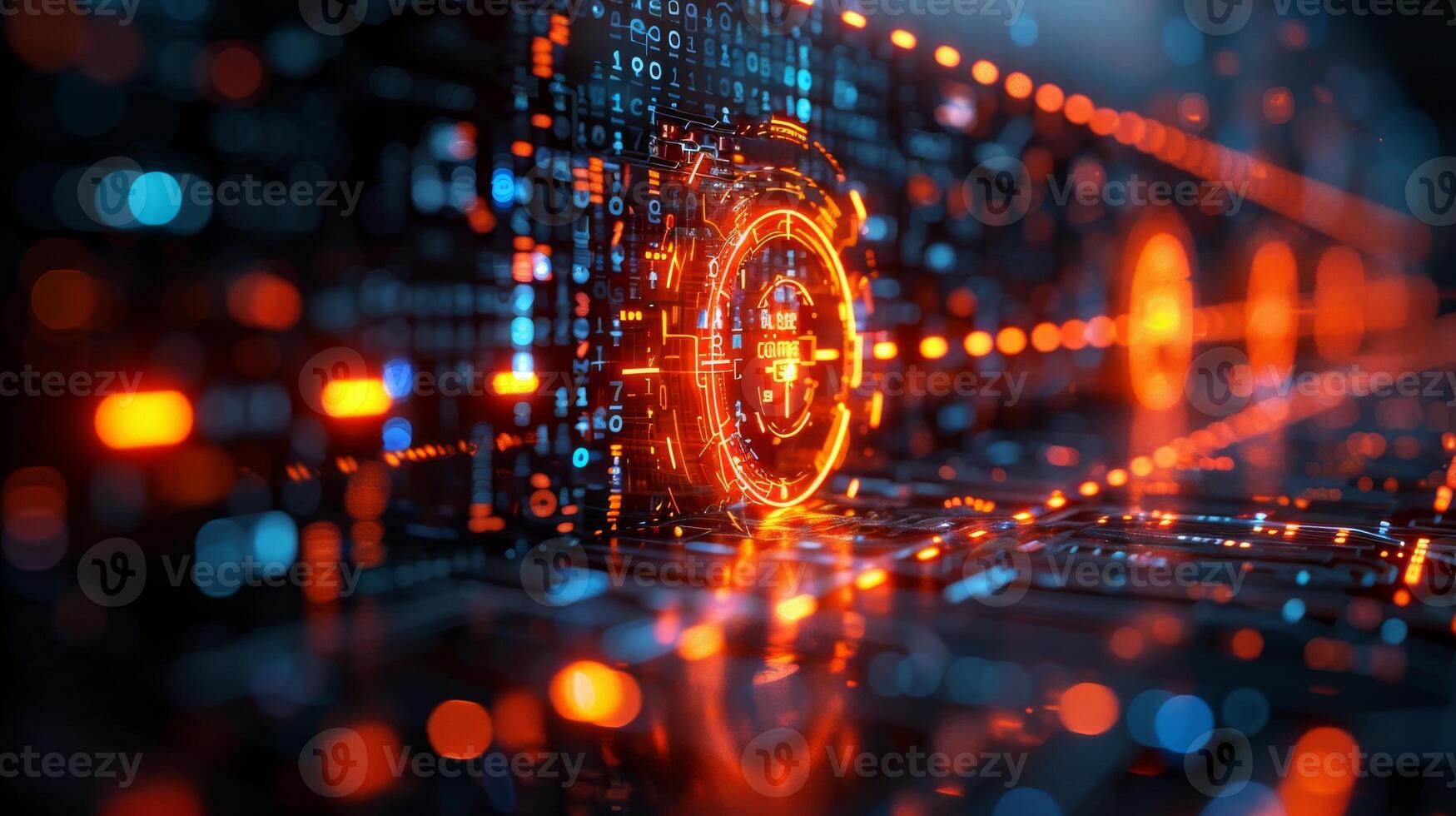 Computergenerated image of a glowing circle surrounded by binary code photo