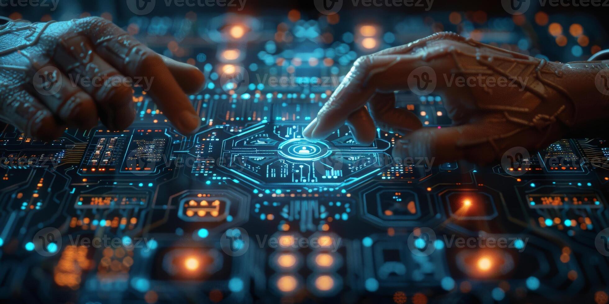 A robotic hand gingerly touches a sleek computer screen in a futuristic setting photo