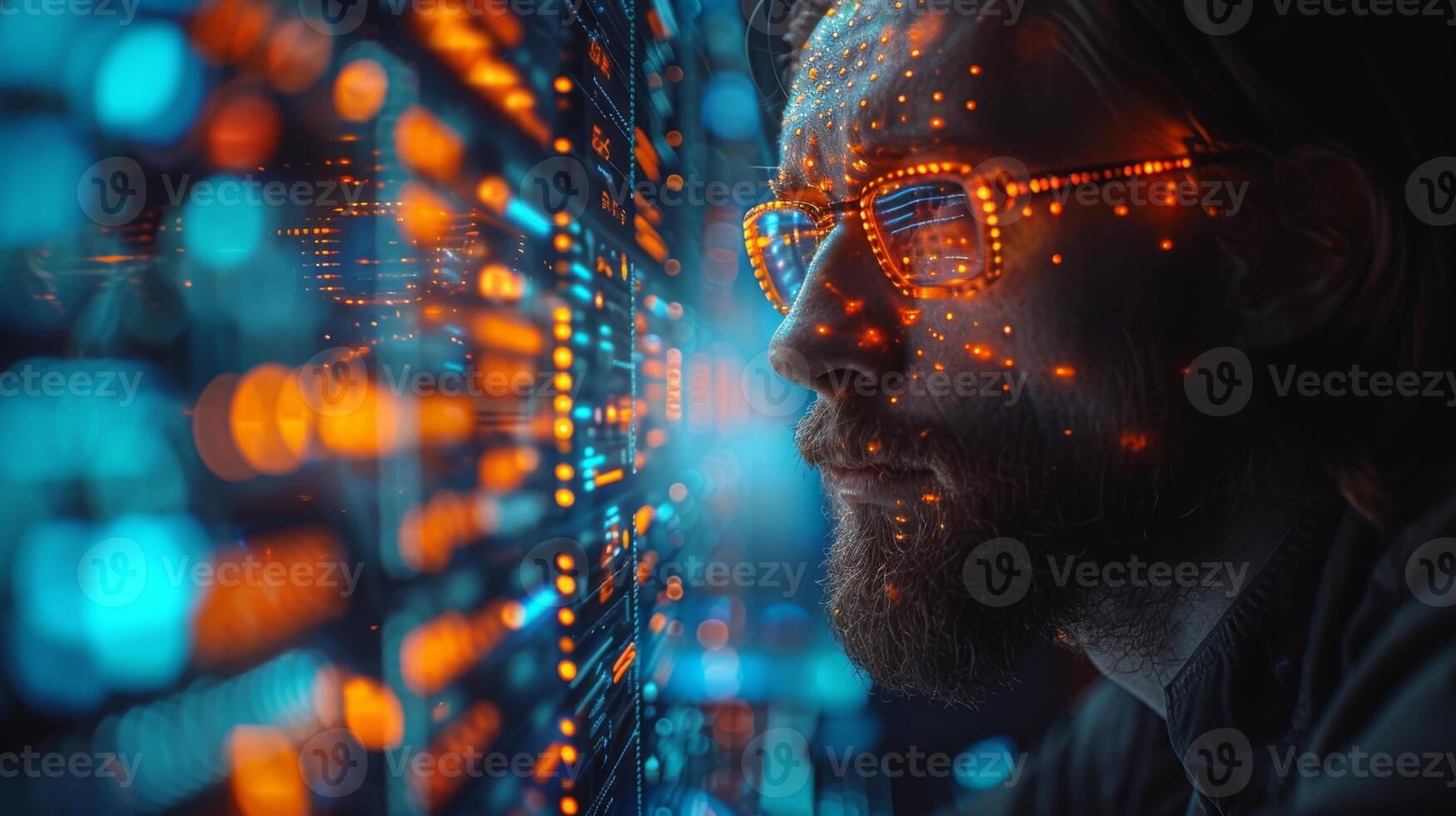 A man with glasses is peering at a computer monitor photo