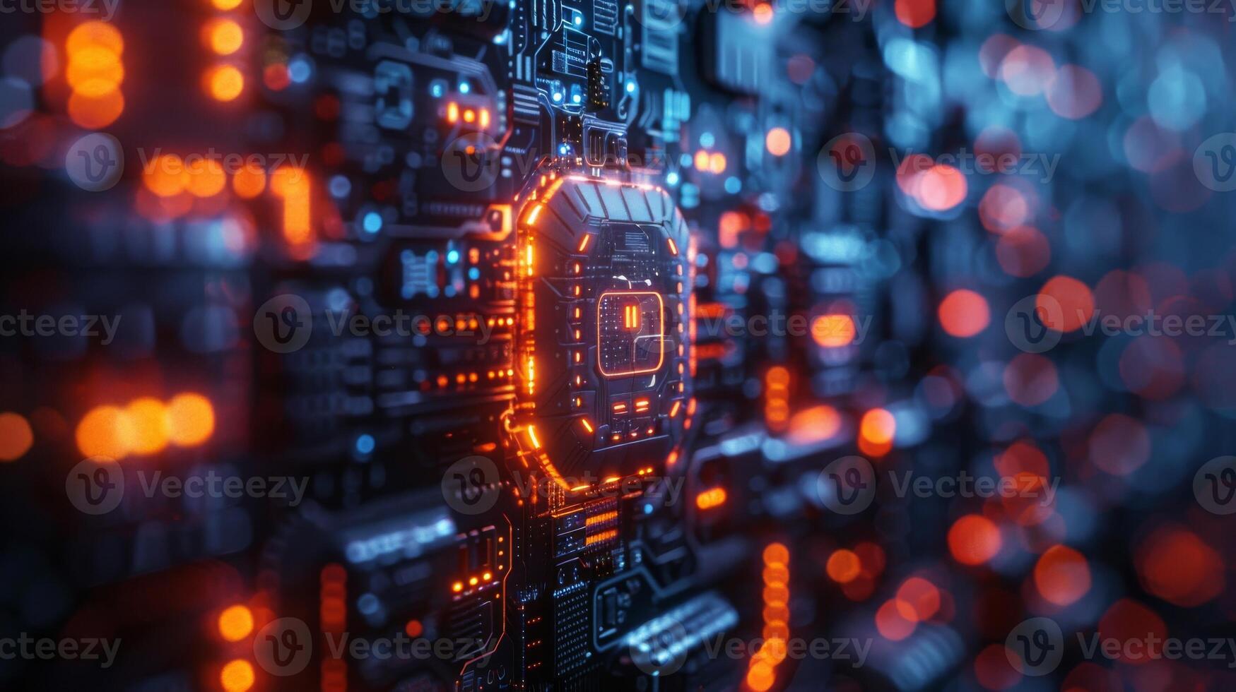 Computer chip on a motherboard with technology and design keywords photo
