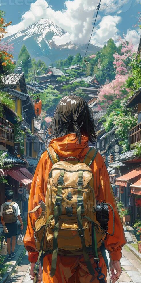 A pixel art of a person with a backpack walking down a street photo