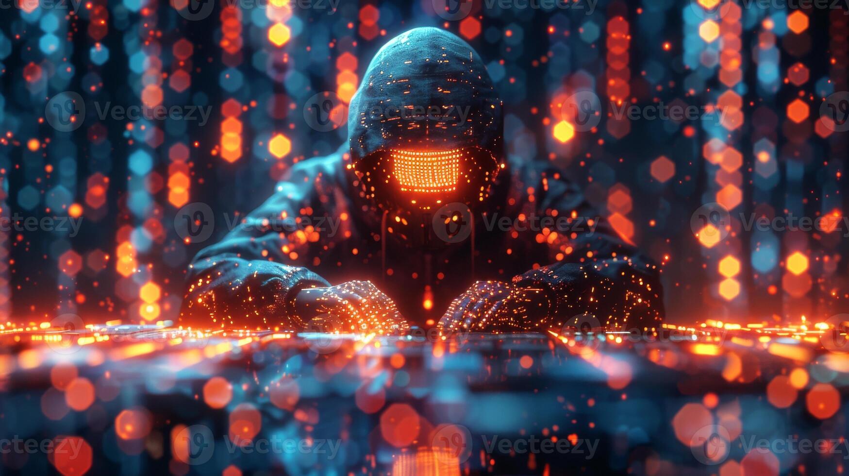 A hacker wearing a hood is typing on a computer keyboard photo