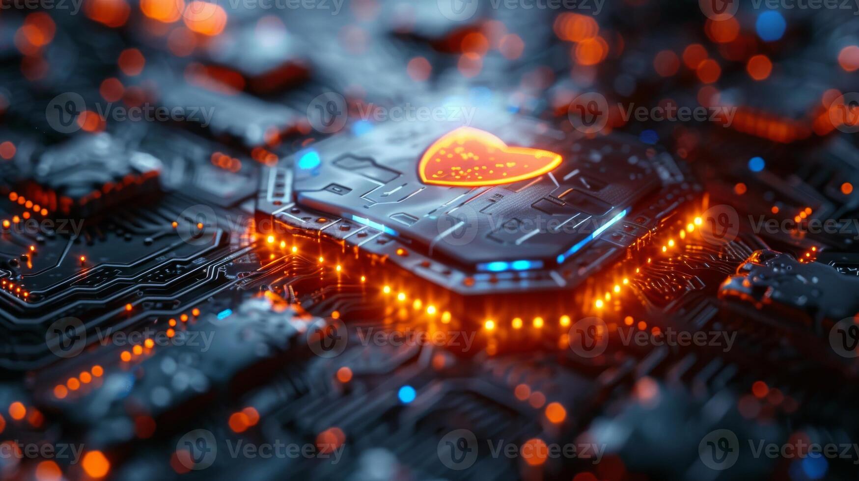 Futuristic heartshaped circuit board with glowing lights, symbolizing technology and digital design photo