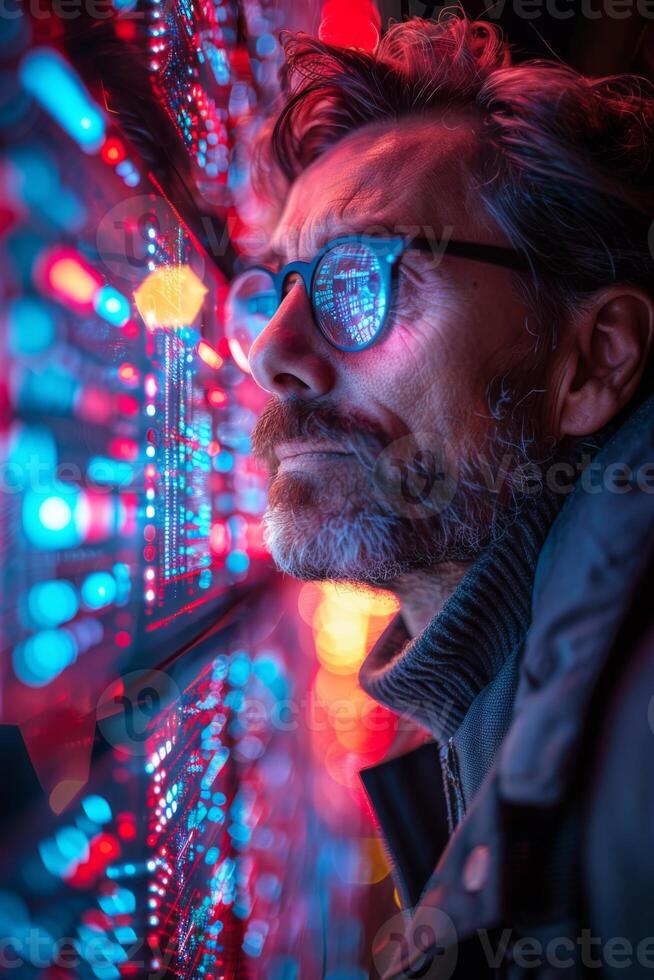A man with glasses is staring at a computer screen photo
