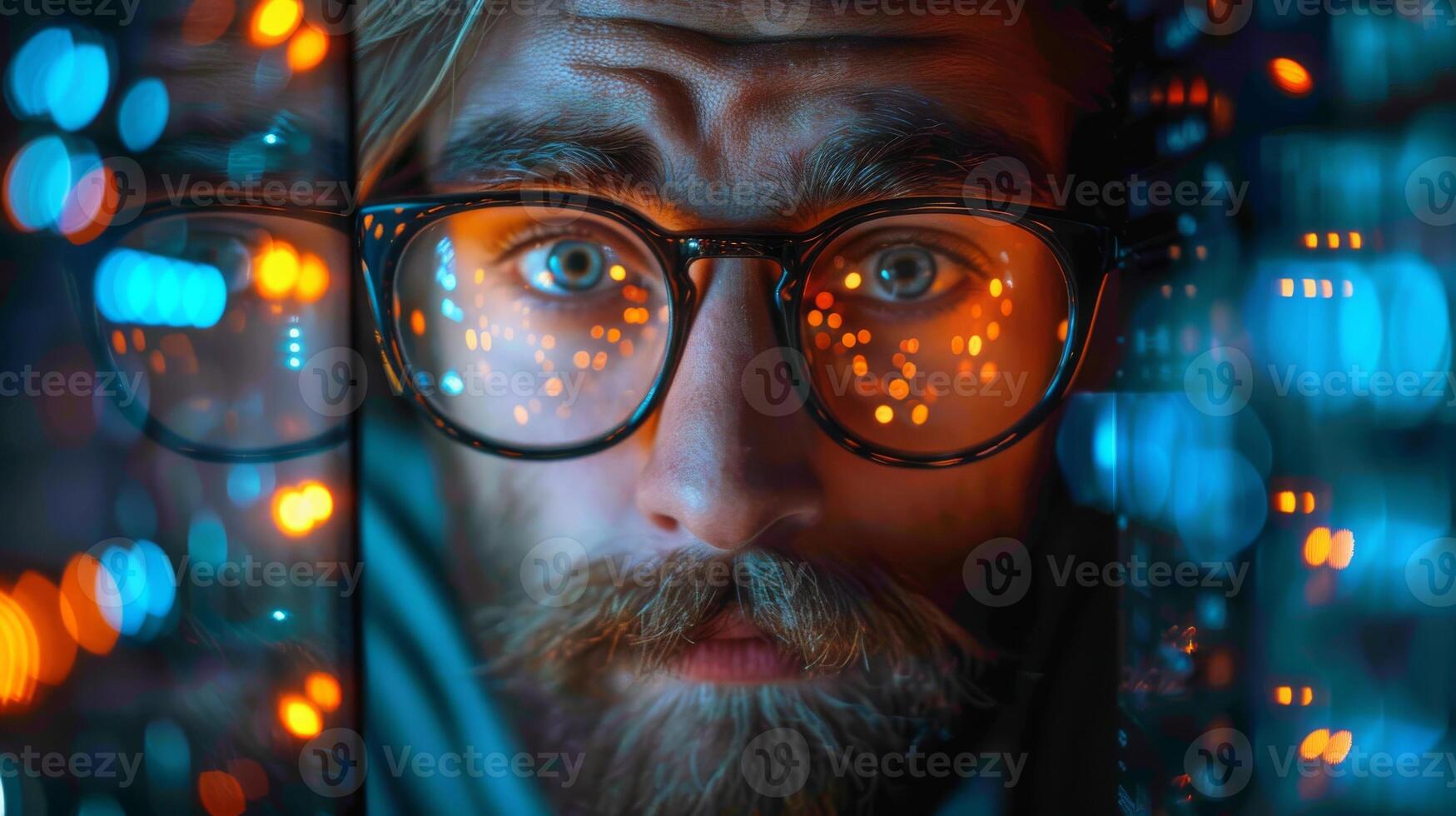 A man, sporting a beard and glasses, focuses on a computer monitor photo