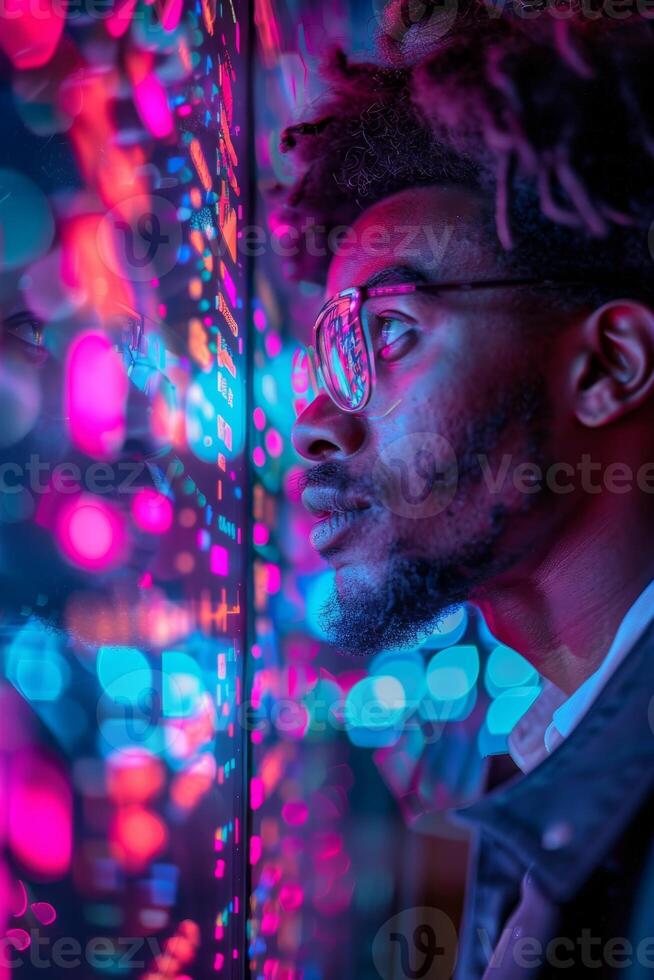 A man in glasses looks at his reflection in a mirror photo