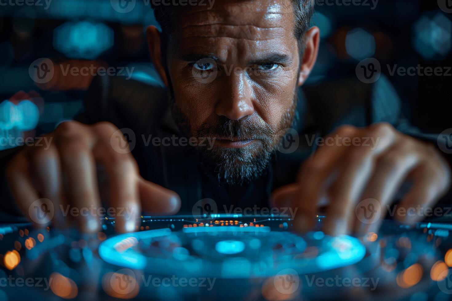 A man sporting a beard gaze at a hightech display monitor in front of him photo