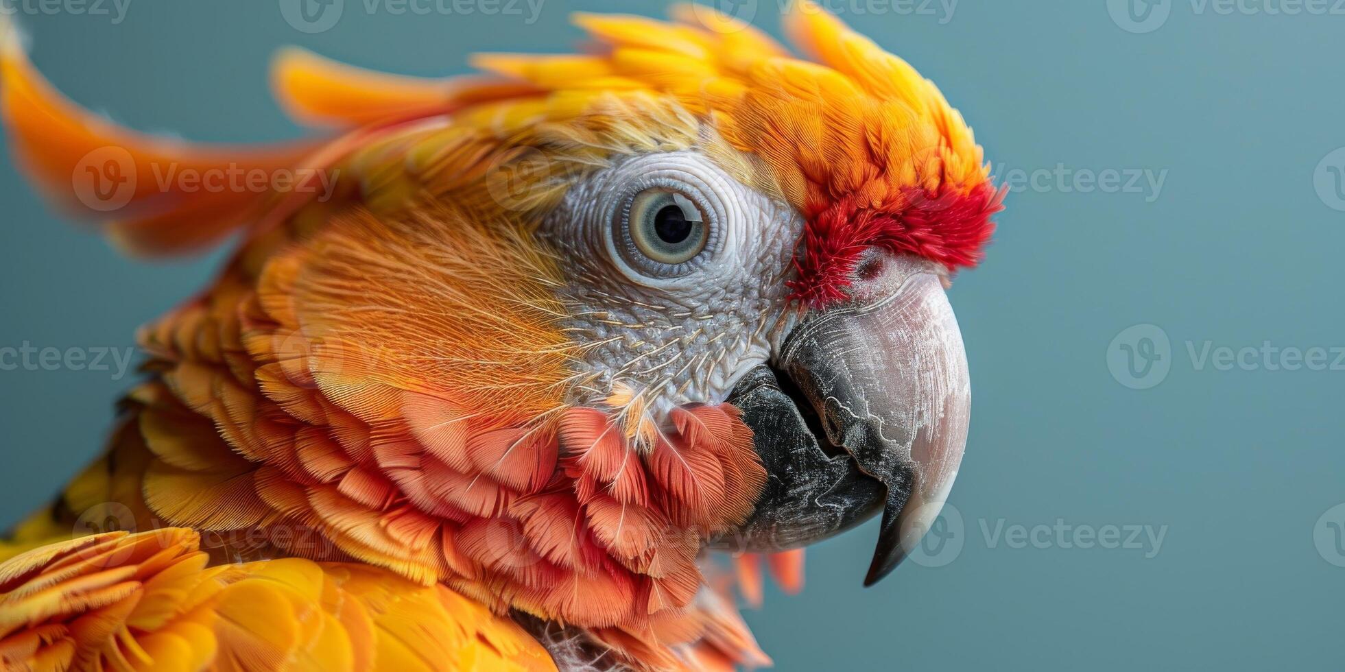 A close up view of a vibrant parrots face set against a blue background photo