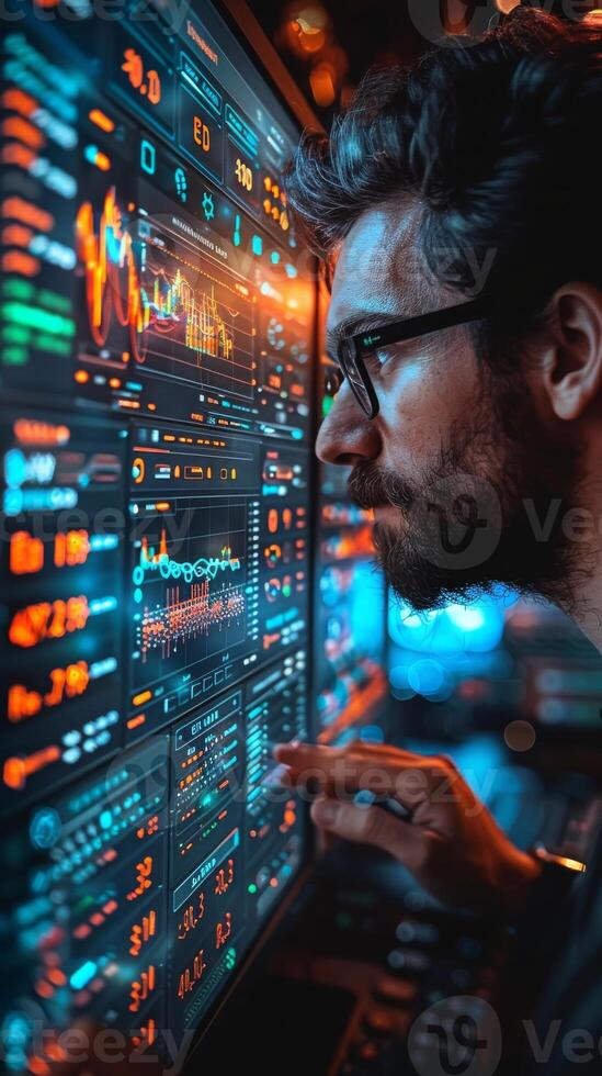 A man with glasses gazes at a computer screen in an engineering setting photo