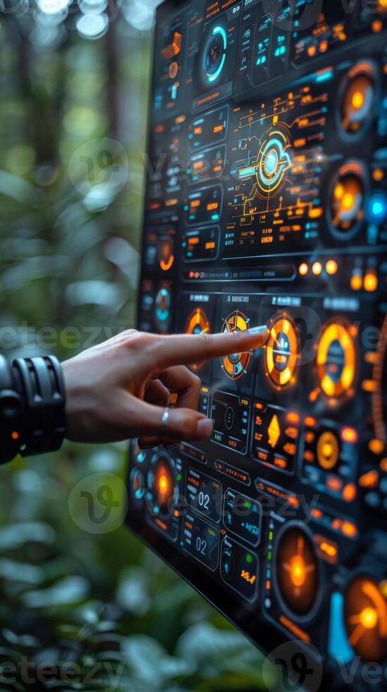 Hand pointing at futuristic screen in cockpit with engineering info photo