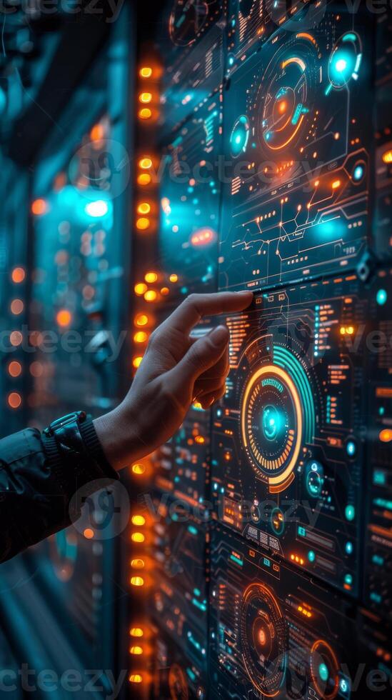 A hand points at a screen in a futuristic server room photo