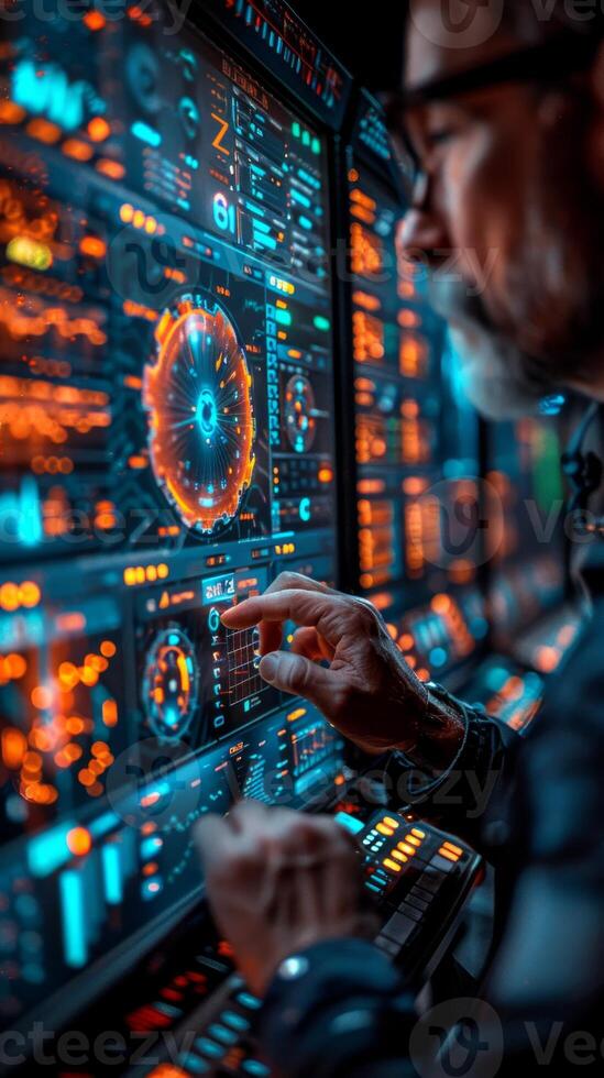 A man is gazing at a futuristic computer screen in a darkened room photo