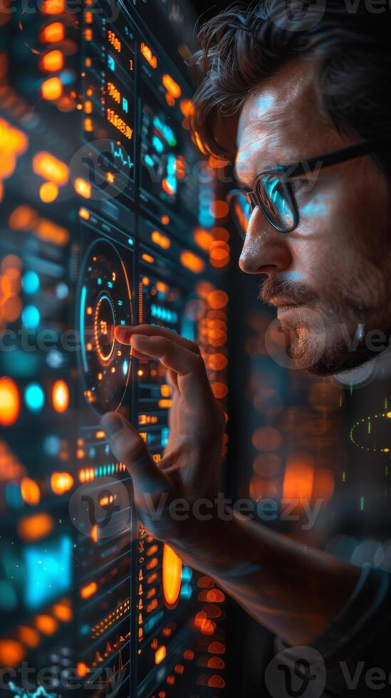 A man with glasses pushing a button on a screen at an event photo