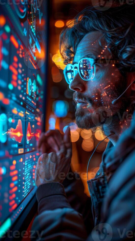 A man with glasses and headset is using a computer photo