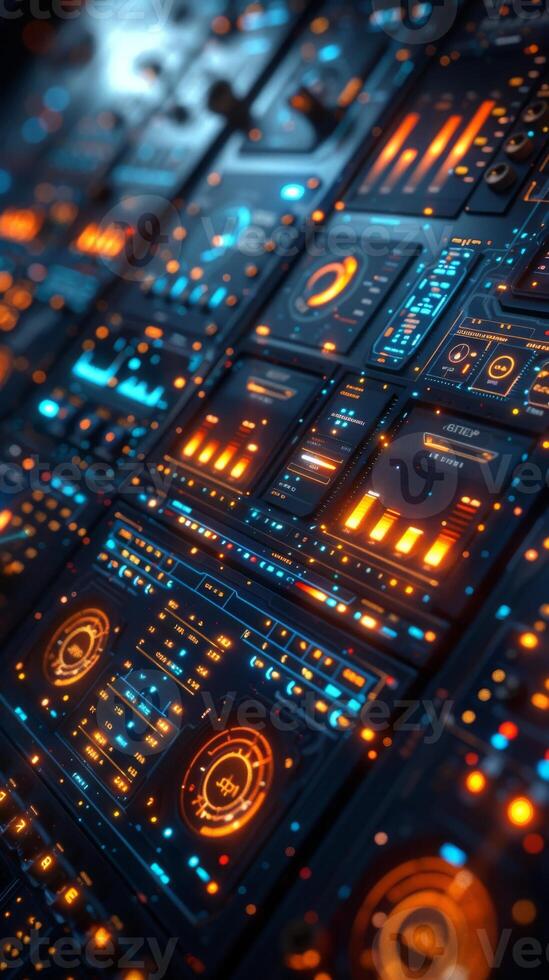 The futuristic digital dashboard includes a holographic interface with advanced data analytics photo