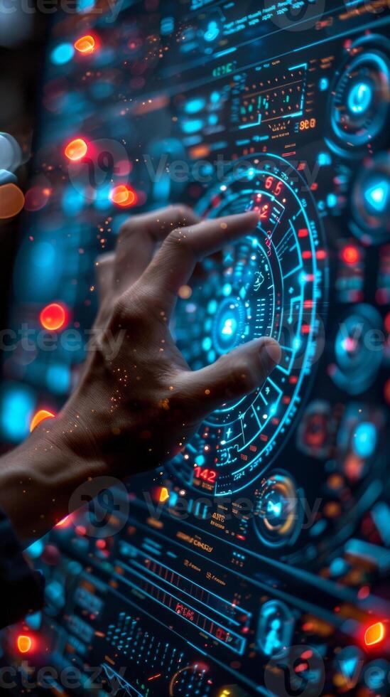 A person is interacting with a hightech screen using their finger photo