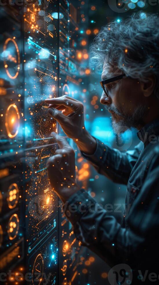 In a server room, a man is busy working on a computer photo