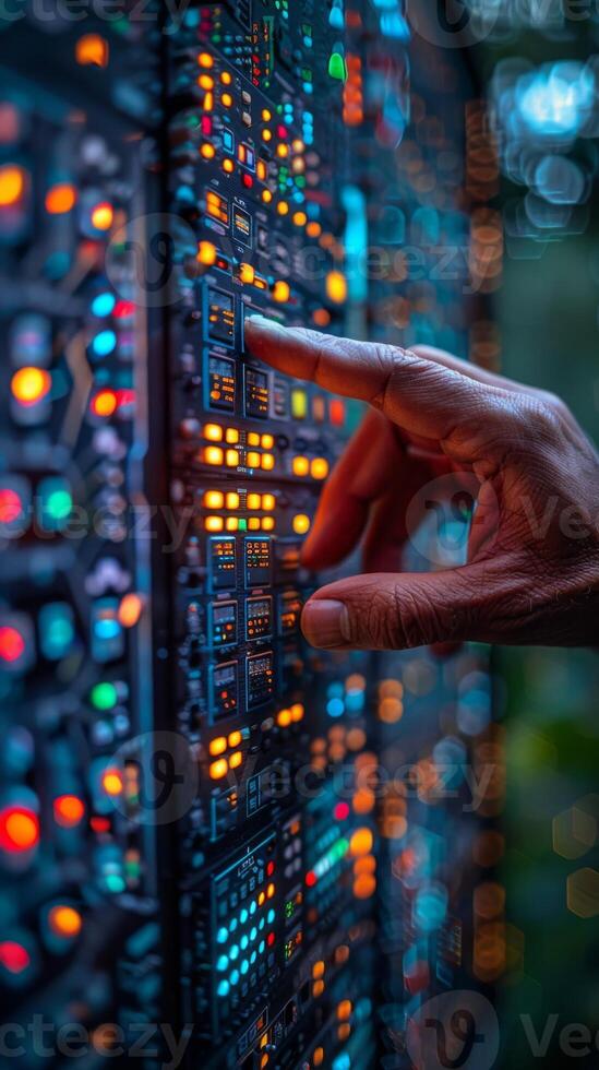 Closeup of a persons hand pressing a button on a control panel photo
