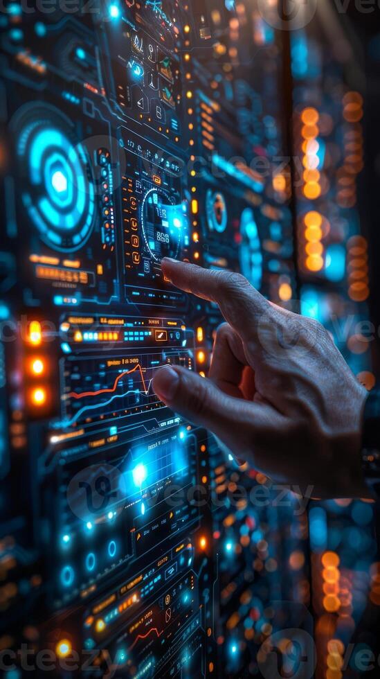 A person is interacting with a hightech display using their finger photo