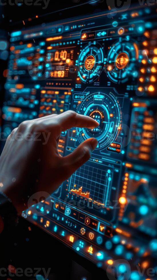 Hand pushes button on hightech display, symbolizing futuristic technology photo
