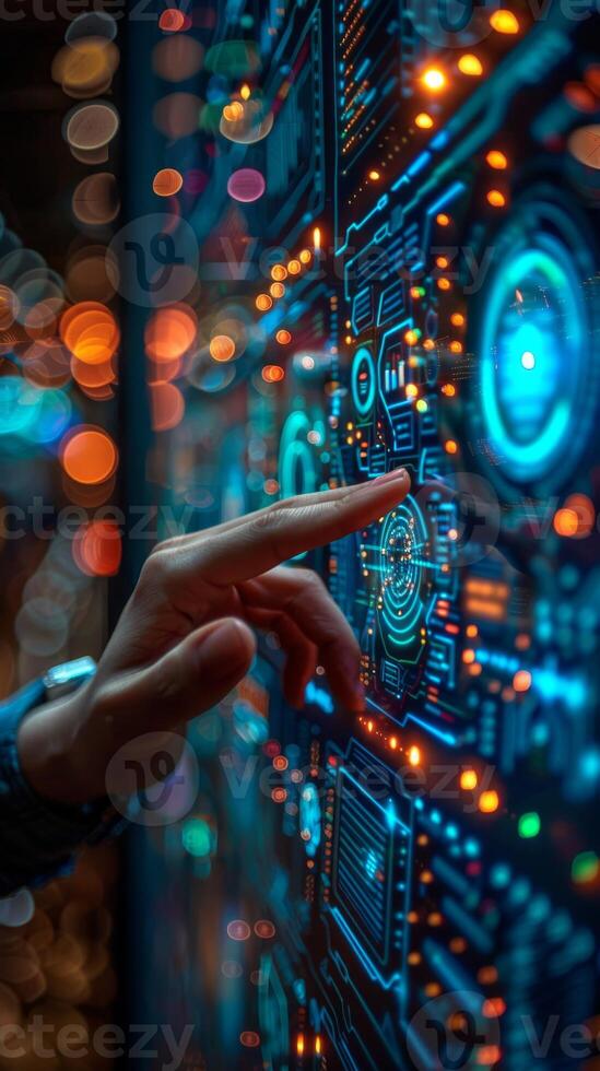 A person is pointing at a futuristic screen with various keywords photo
