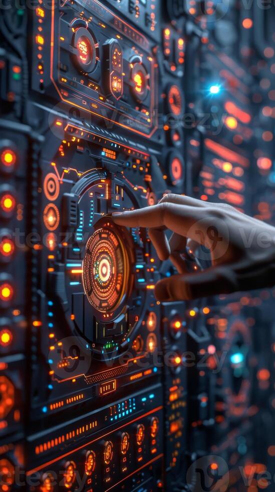 The image shows a hand pressing a button on a sleek futuristic device photo