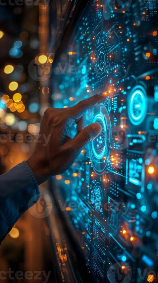 A person is interacting with a hightech display using their finger photo